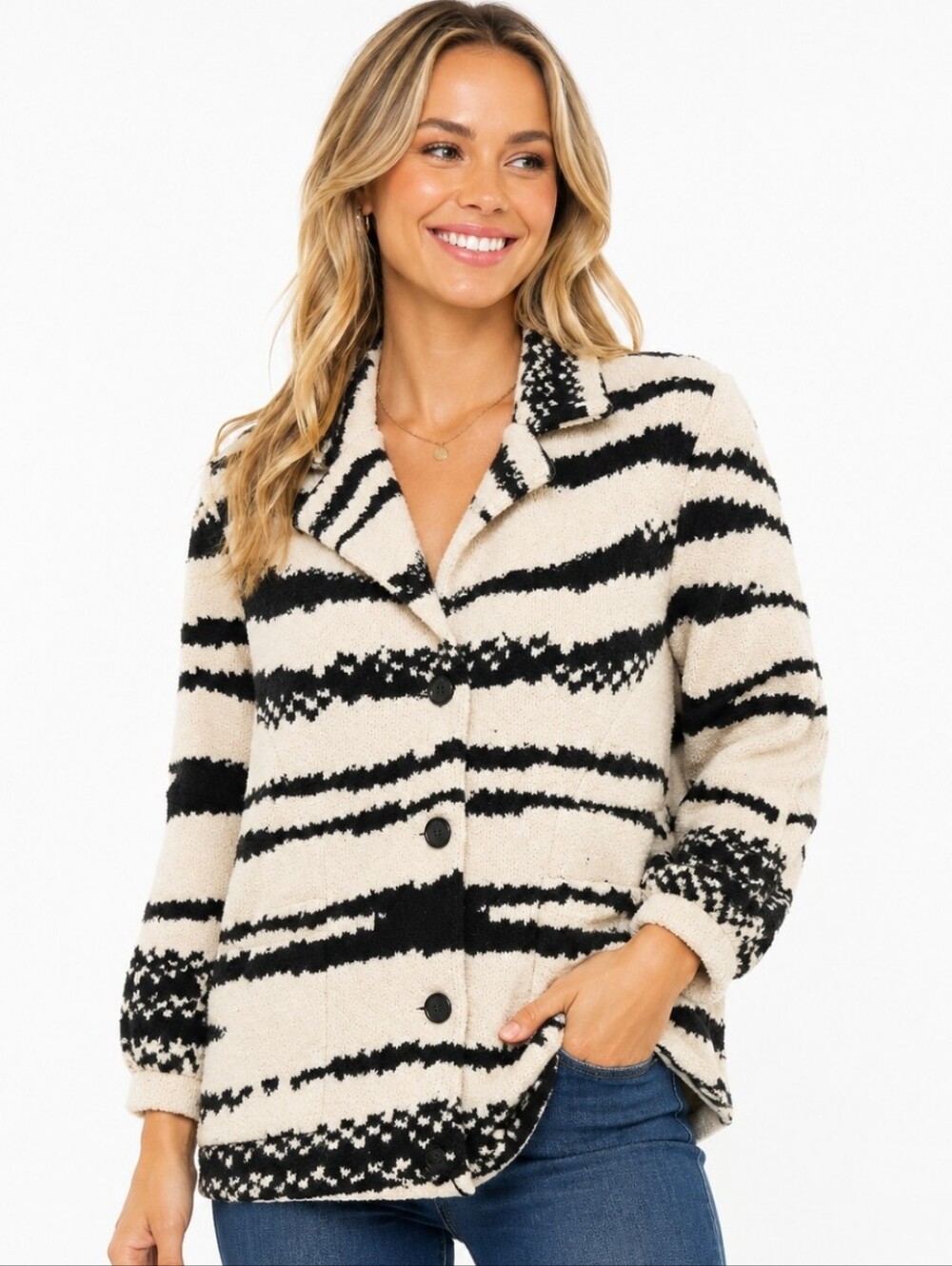 APNY Striped Shacket Cardigan in Cream & Black (Size: Large)